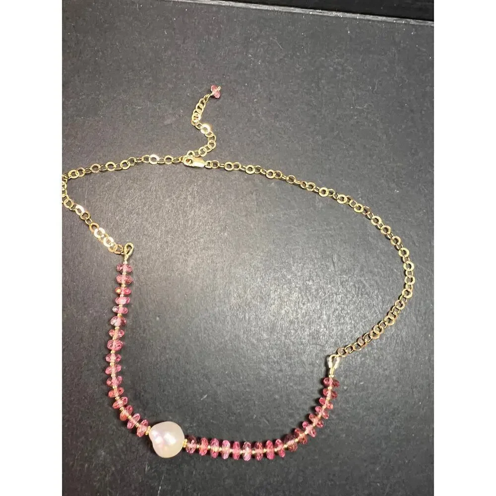 Gold Filled Necklace with Baroque Pearl and Pink Faceted Gemstone Beads